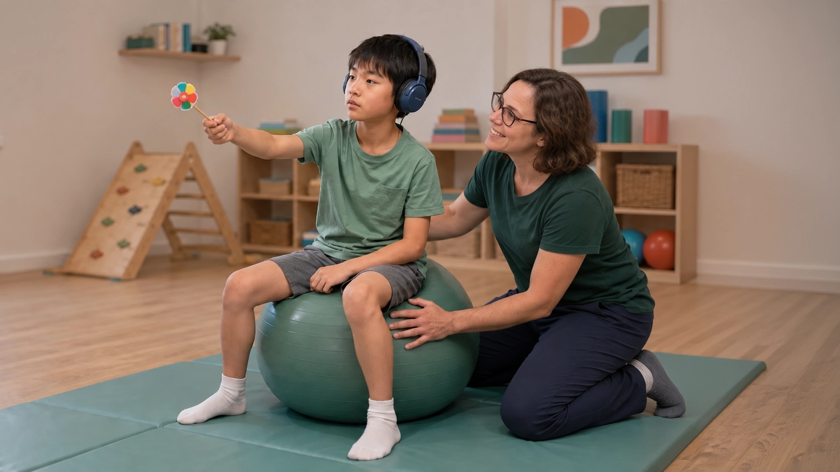 Child participating in vestibular-visual Astronaut Training with a therapist