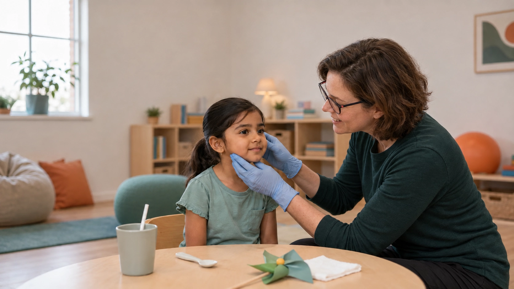 Therapist supporting a child through an oral motor intervention