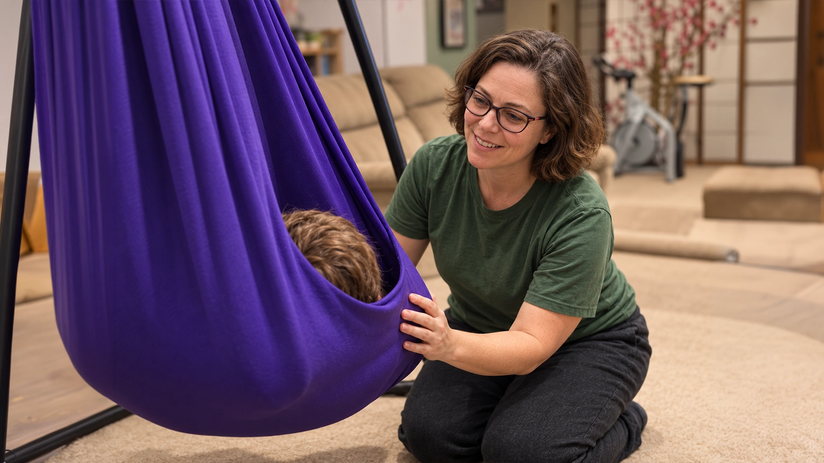 Therapist supporting a child in a sensory swing