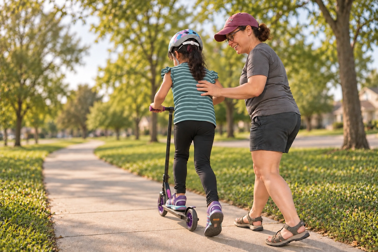 Therapist supporting a child riding a scooter outdoors
