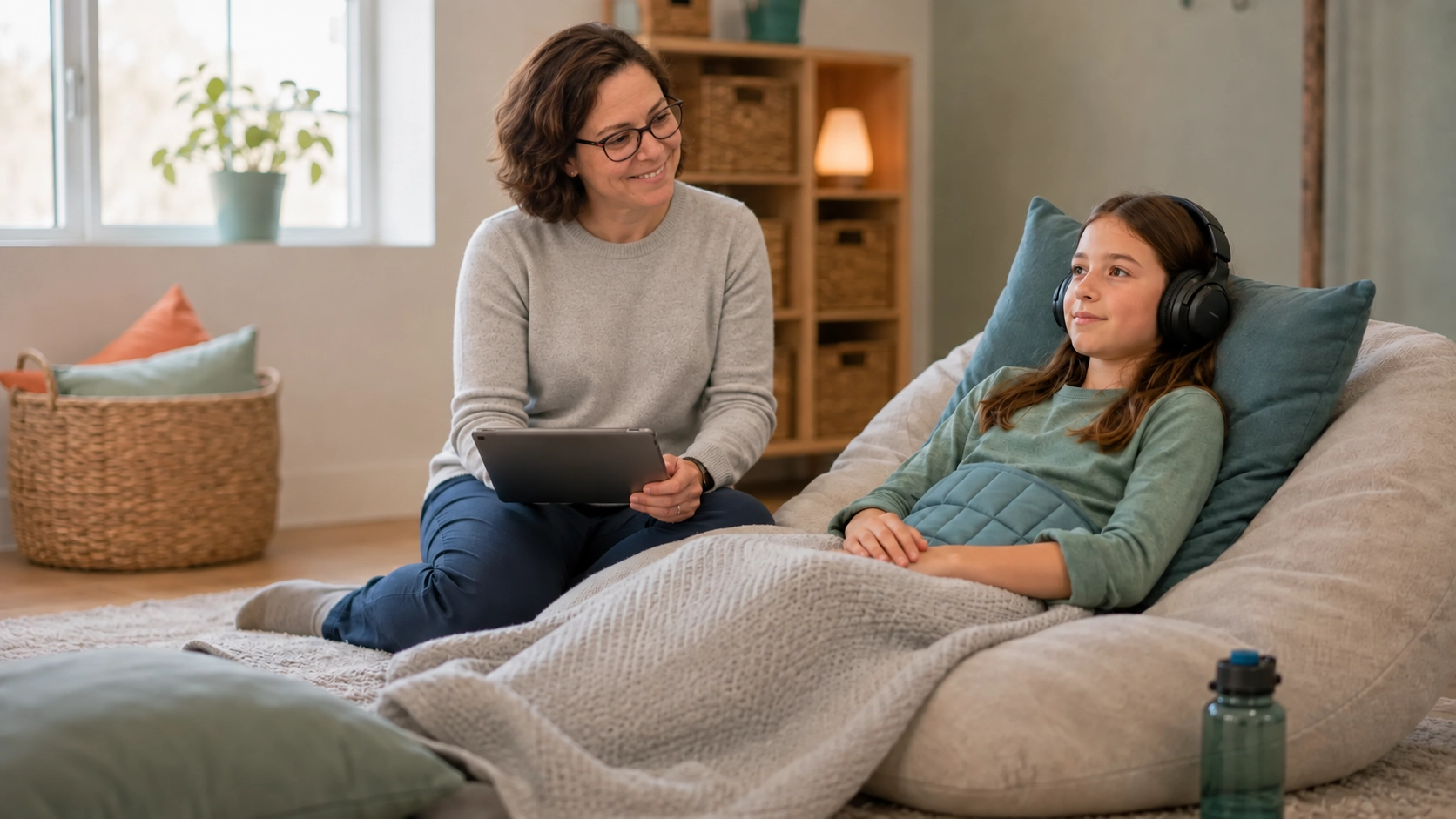 Child relaxing during the Rest and Restore Protocol with therapist support