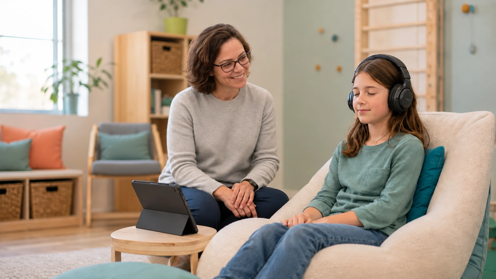 Child listening to the Safe and Sound Protocol with therapist support