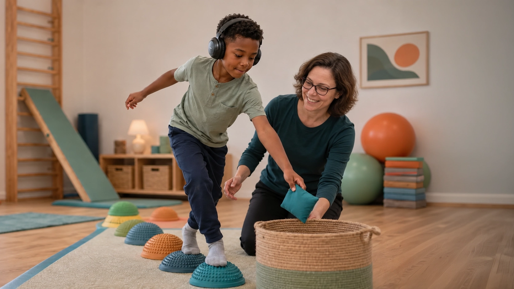 Child combining listening with a purposeful movement activity